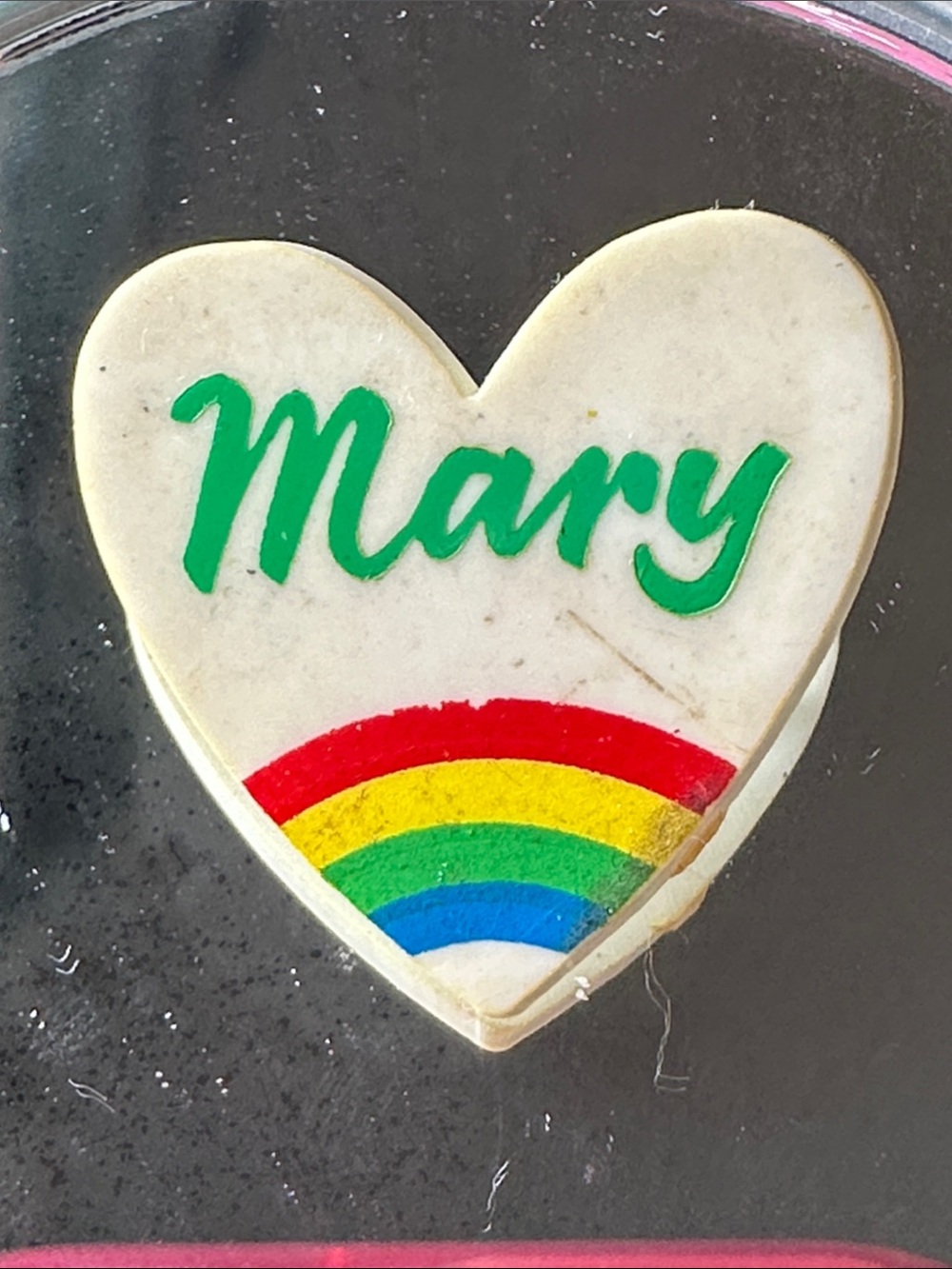 Vintage 70s/80s Plastic Heart Brooch with Green Script and Rainbow Accent - Mary